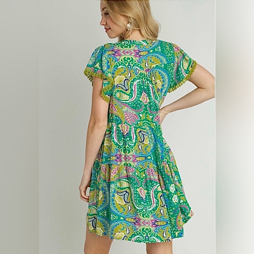 Umgee Vibrant Paisley Dress w/ Pockets & Embroidered Lace Sleeves & V-Neckline L - Picture 2 of 14